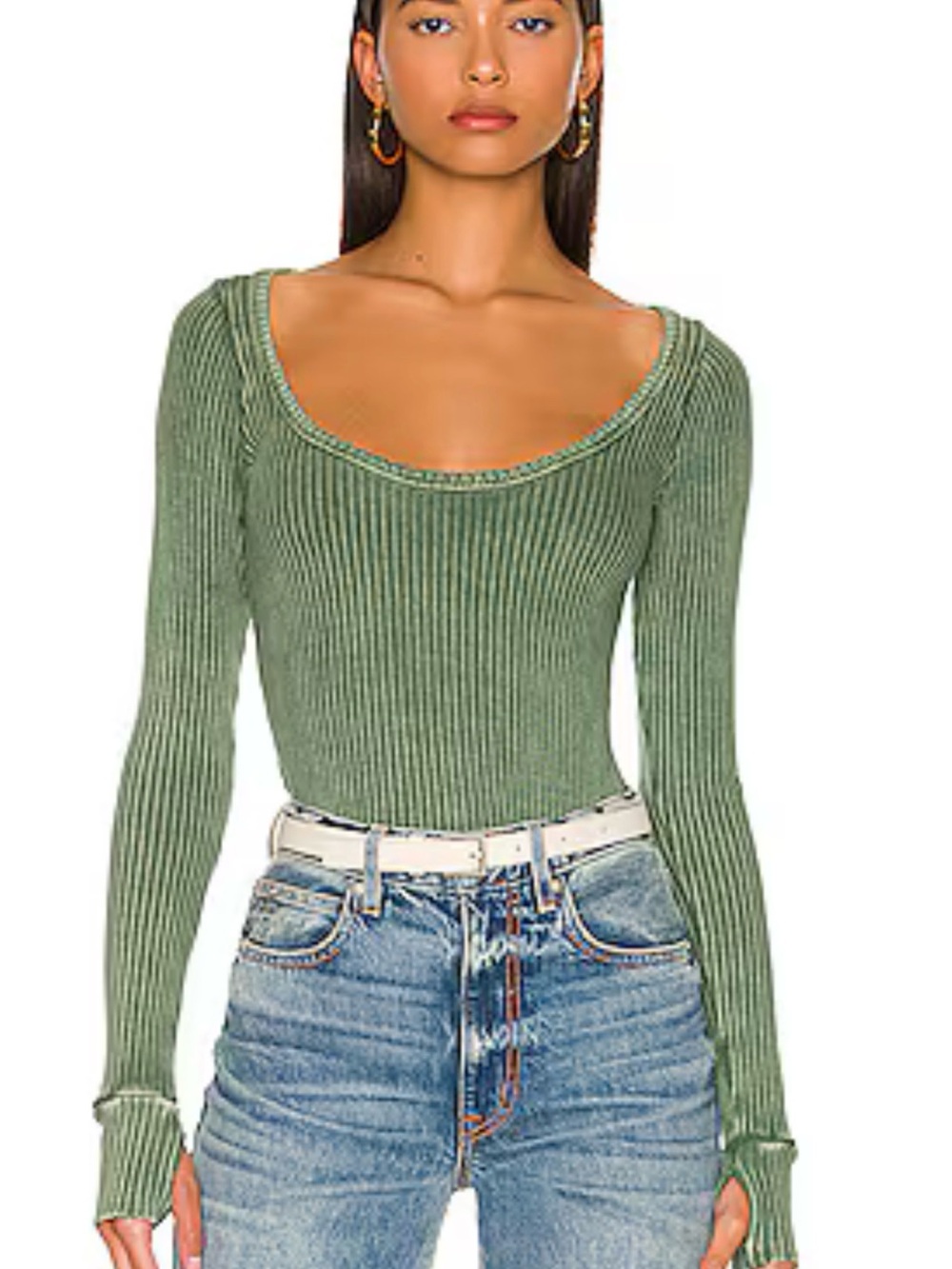 Michael Lauren Olive Ribbed Scoop-Neck Long Sleeve Top